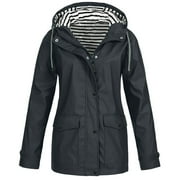 Womens Solid Rain Jacket Outdoor Plus Size Waterproof Hooded Raincoat Windproof